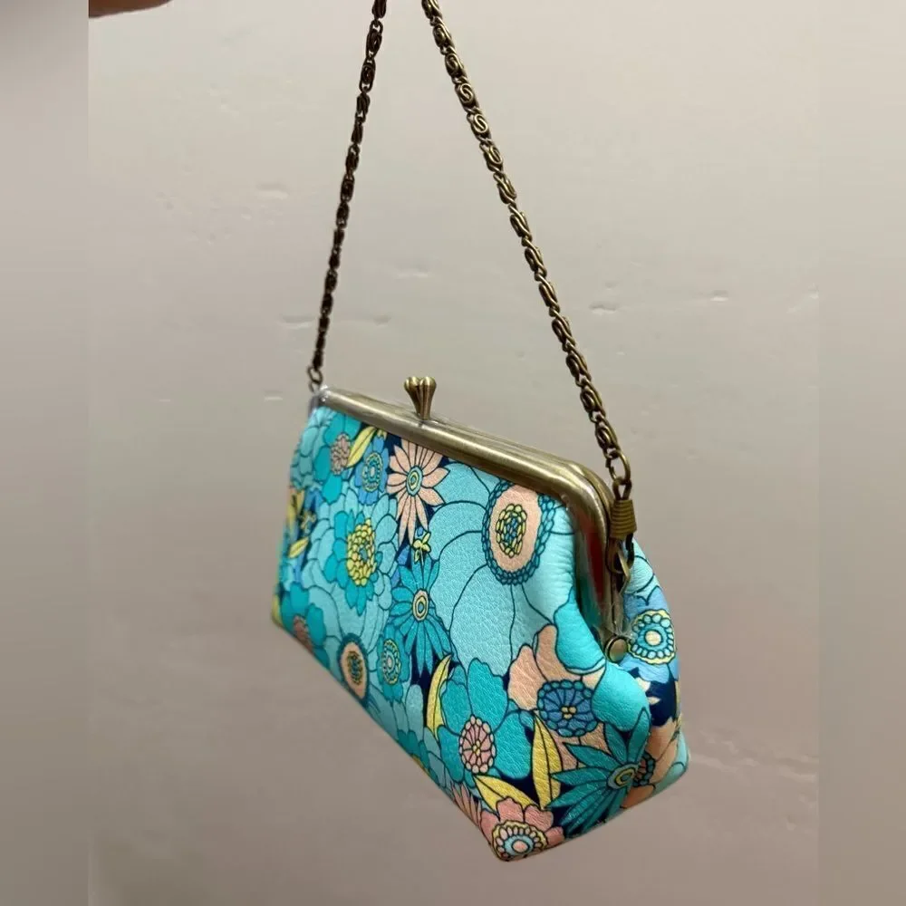 Floral Print Handmade Cowhide Kisslock Clutch/Wristlet/Phone Pouch/Crossbody